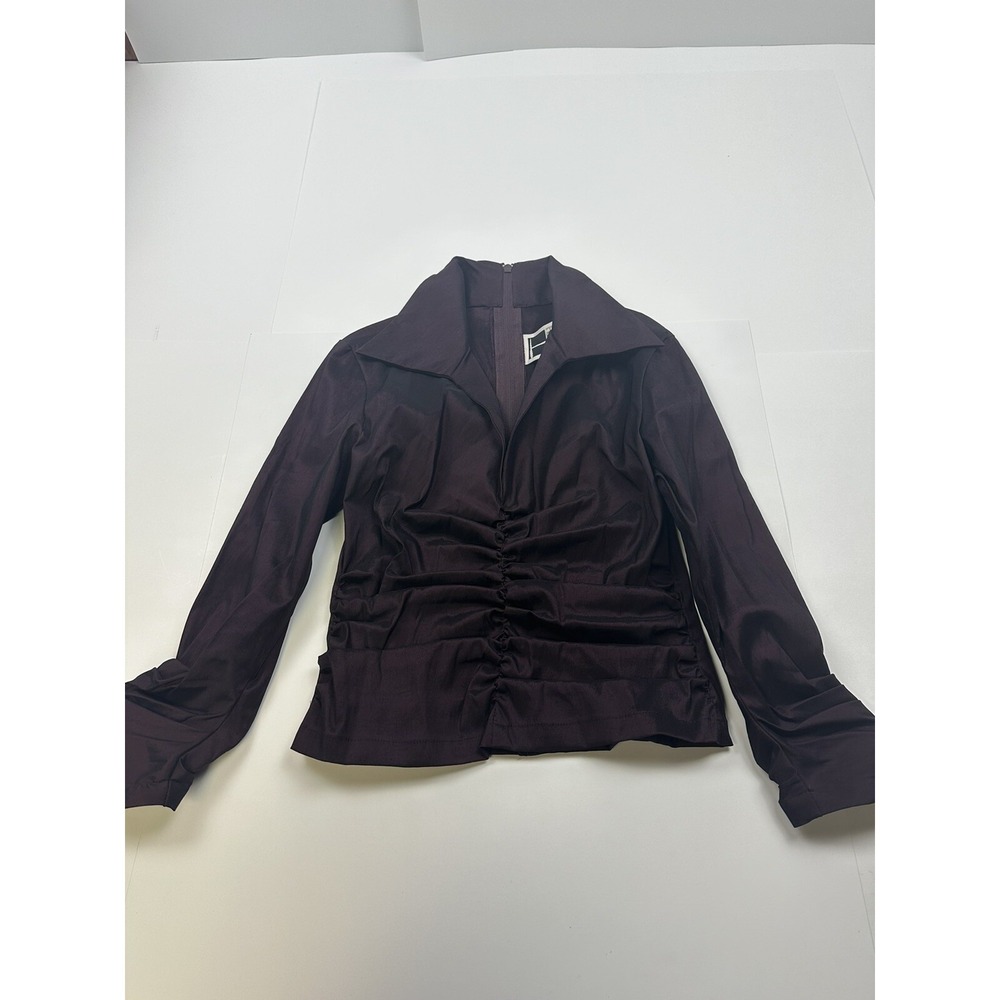 Tadashi Evening Taffeta Ruched Top Brown Size 4 Collared Long Sleeve